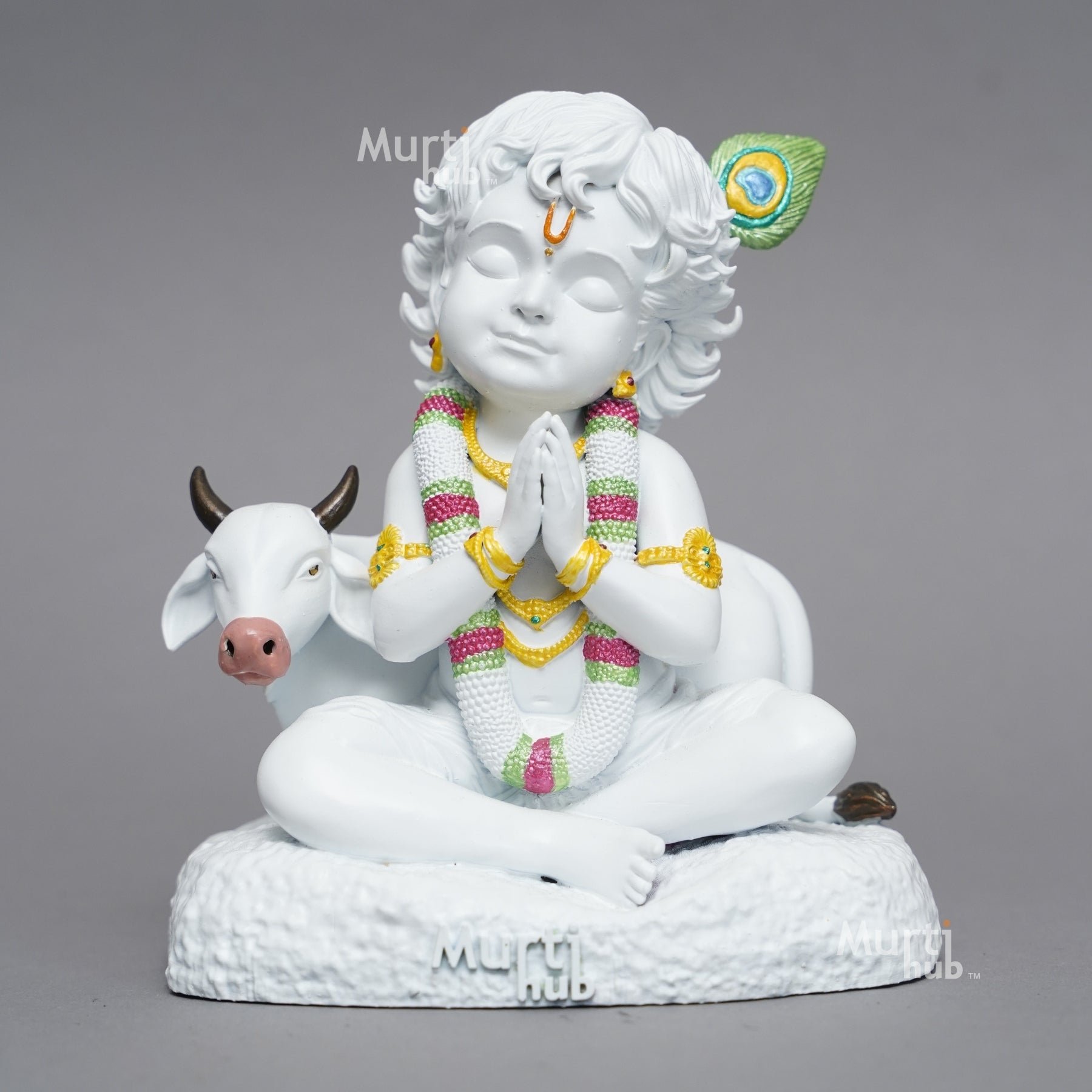 White Baal Krishna with Cow – Divine Calm Idol for Gift & Decor