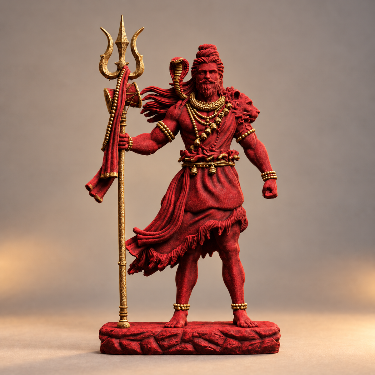Standing Shiva with trishul in Shakti Red with gold-toned details
