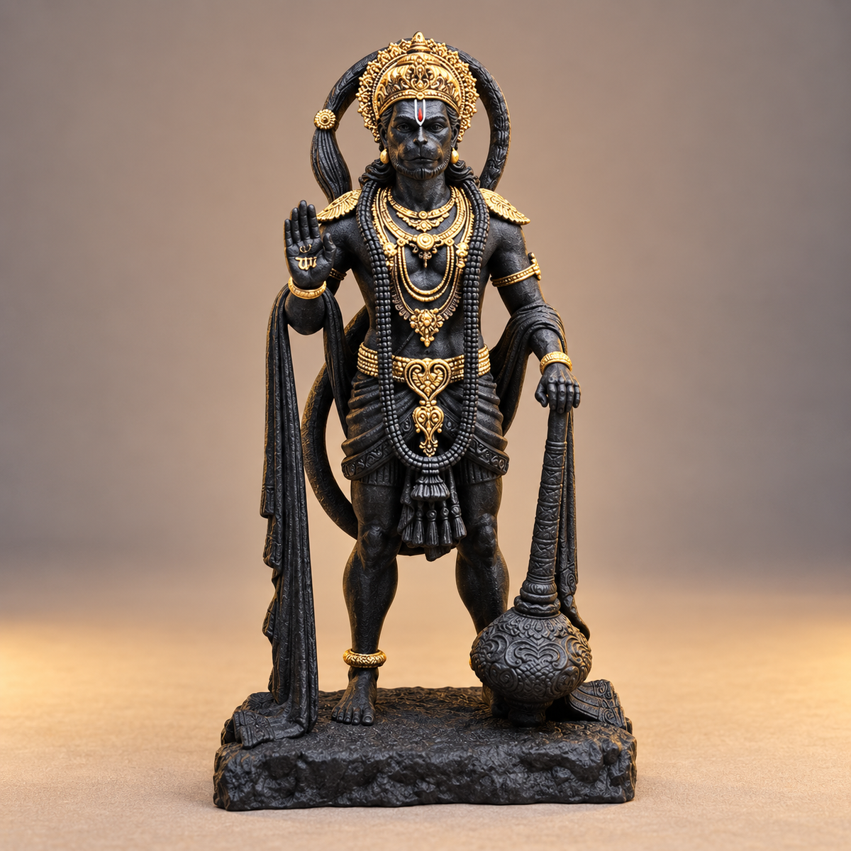 Standing Hanuman with gada and blessing hand in Divya Black with gold-toned details