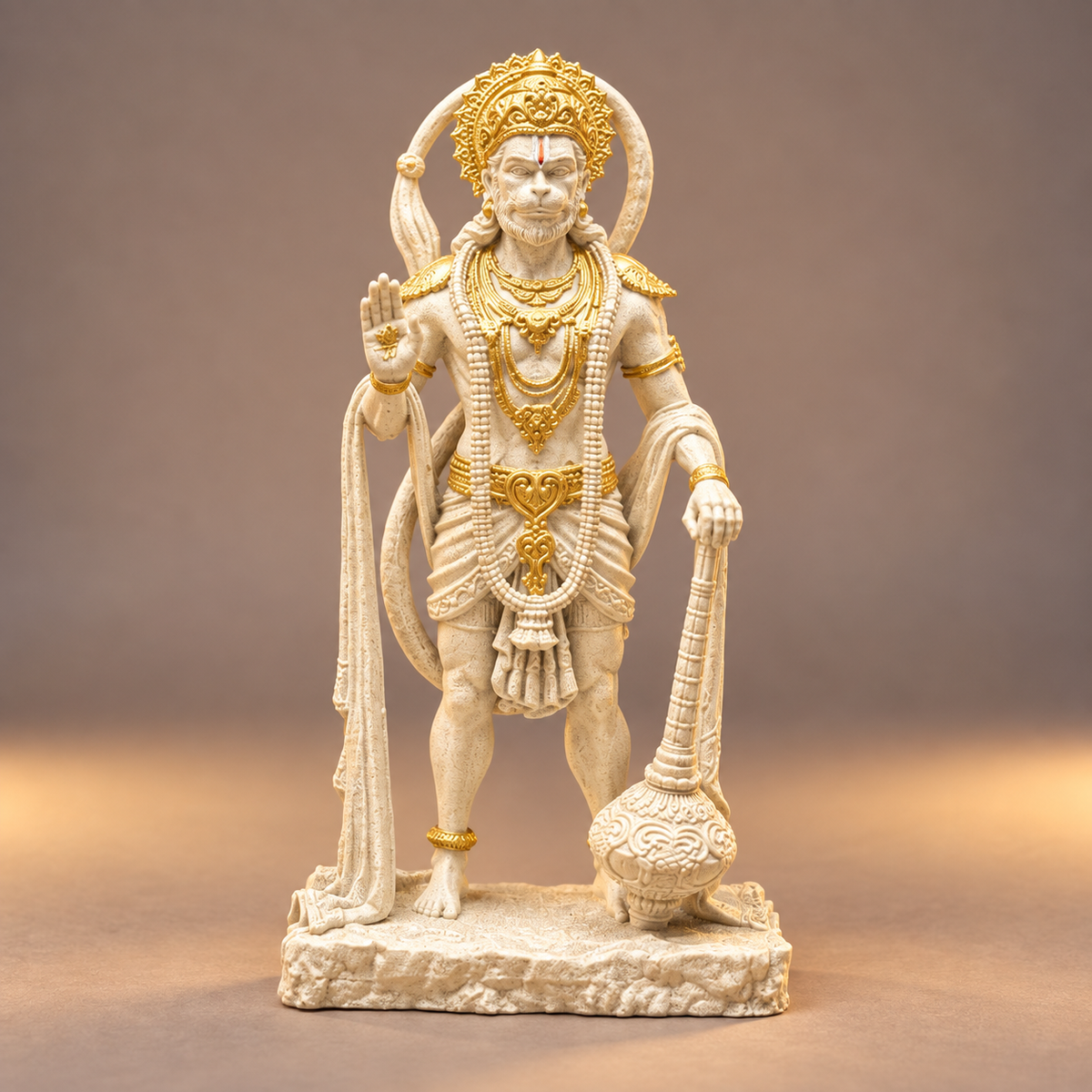 Standing Hanuman with gada and blessing hand in Temple White with gold-toned details
