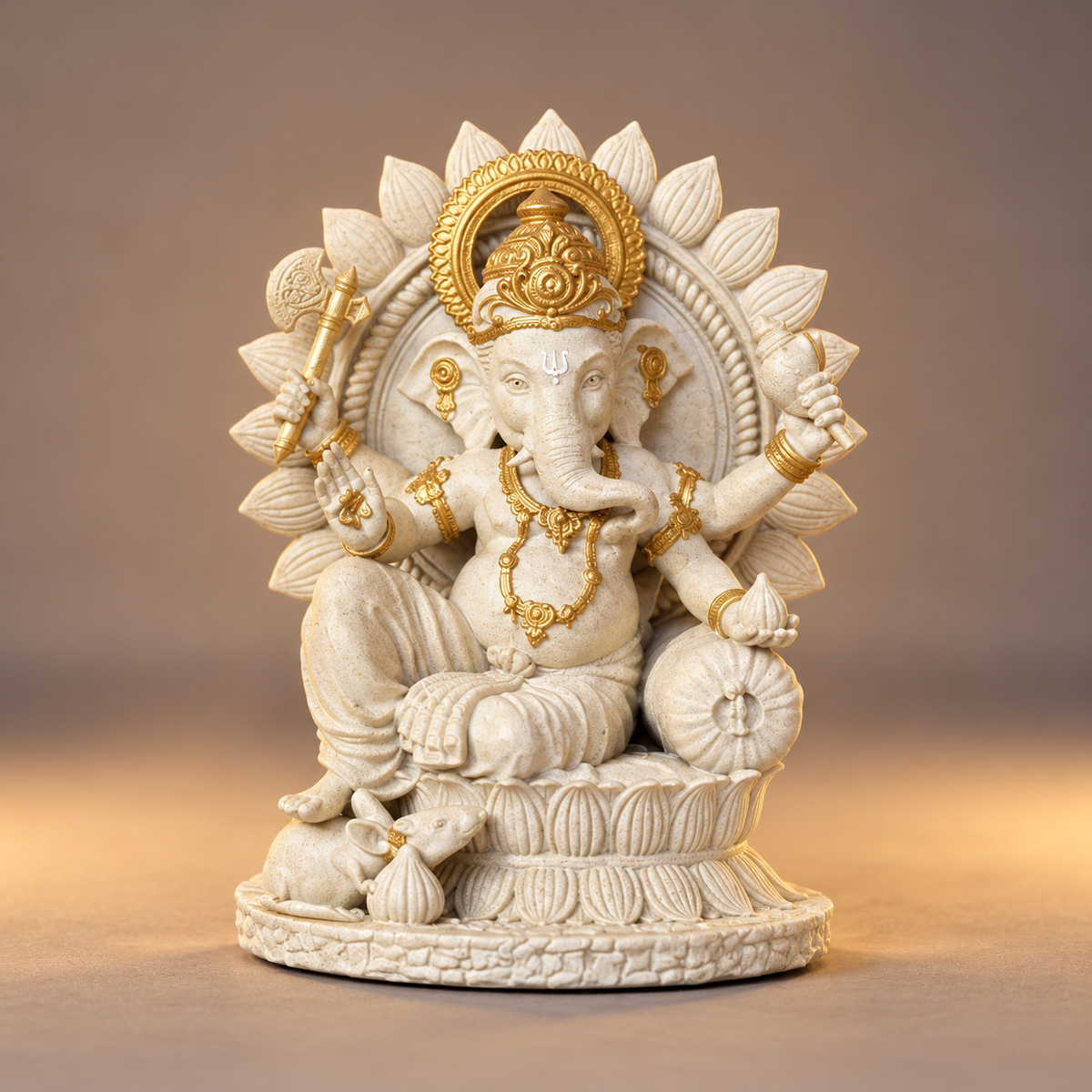 Seated Ganesha on ornate lotus throne in Temple White with gold-toned details