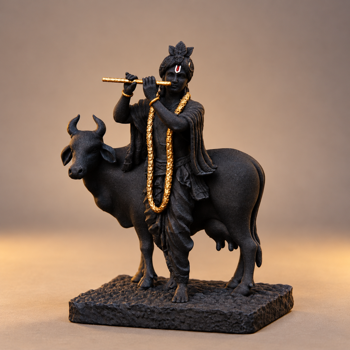Flute-playing Krishna with cow in Divya Black with gold-toned details