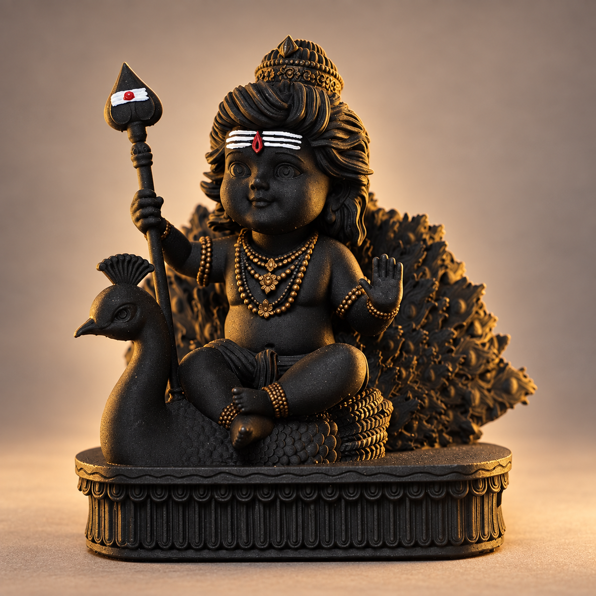 Seated Bal Murugan with peacock and Vel in Divya Black with gold-toned details