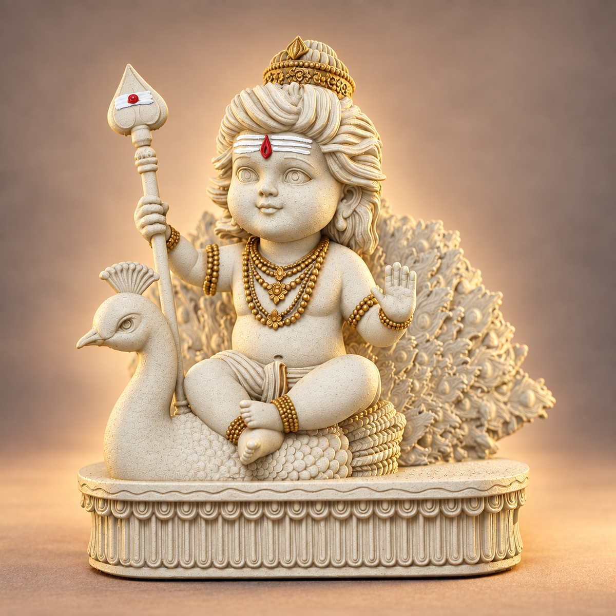 Seated Bal Murugan with peacock and Vel in Temple White with gold-toned details