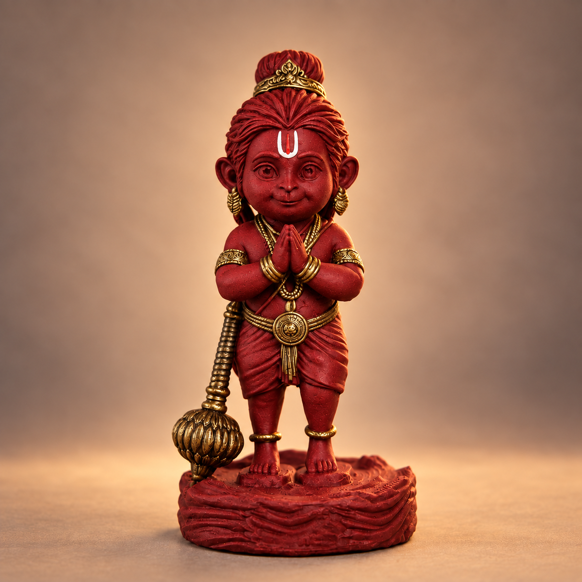 Standing Bal Hanuman with folded hands and gada in Shakti Red with gold-toned details