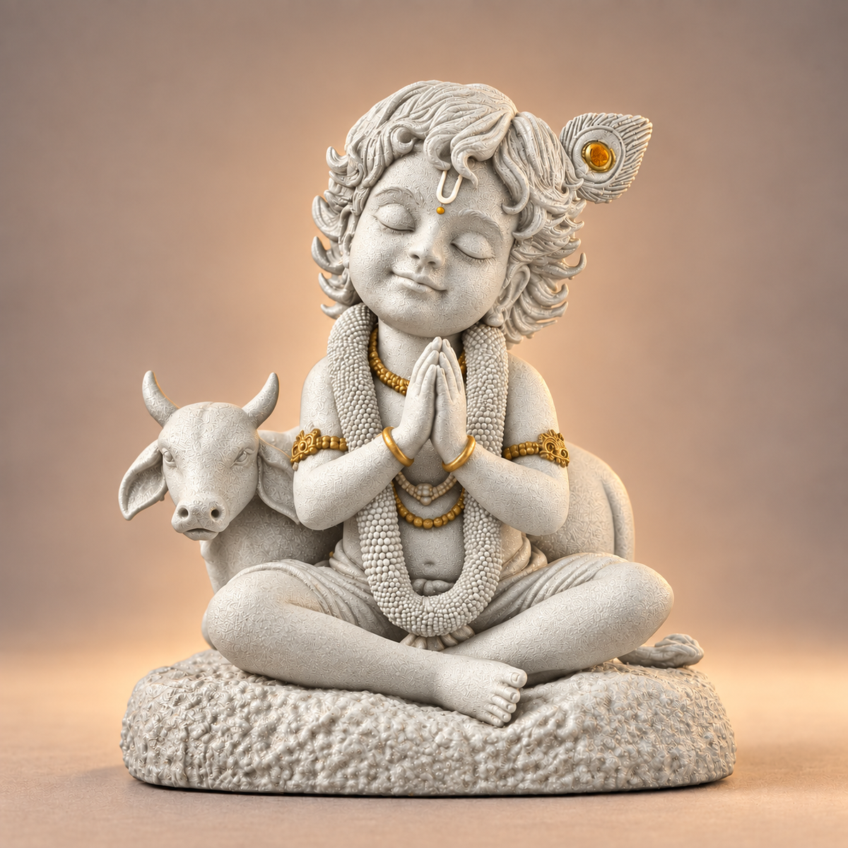 Seated Bal Krishna with cow and folded hands in Temple White with gold-toned details