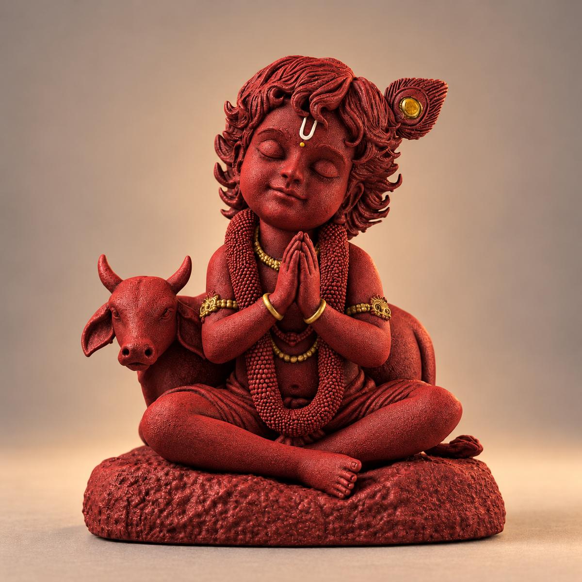 Seated Bal Krishna with cow and folded hands in Shakti Red with gold-toned details