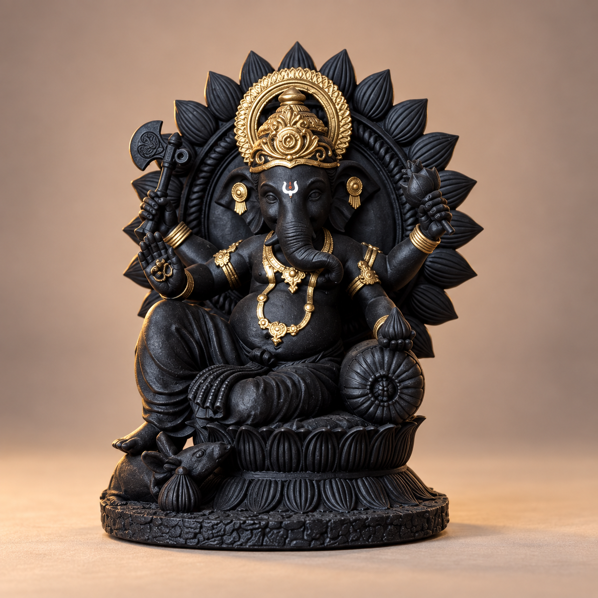 Seated Ganesha on ornate lotus throne in Divya Black with gold-toned details