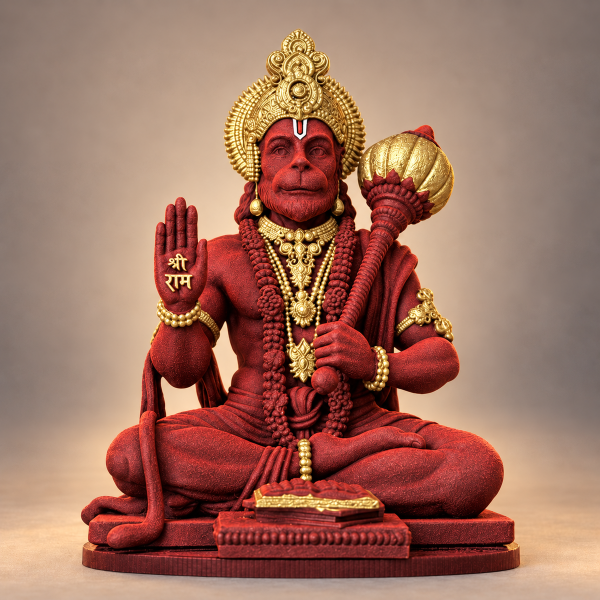 Seated blessing Hanuman holding gada in Shakti Red with gold-toned details