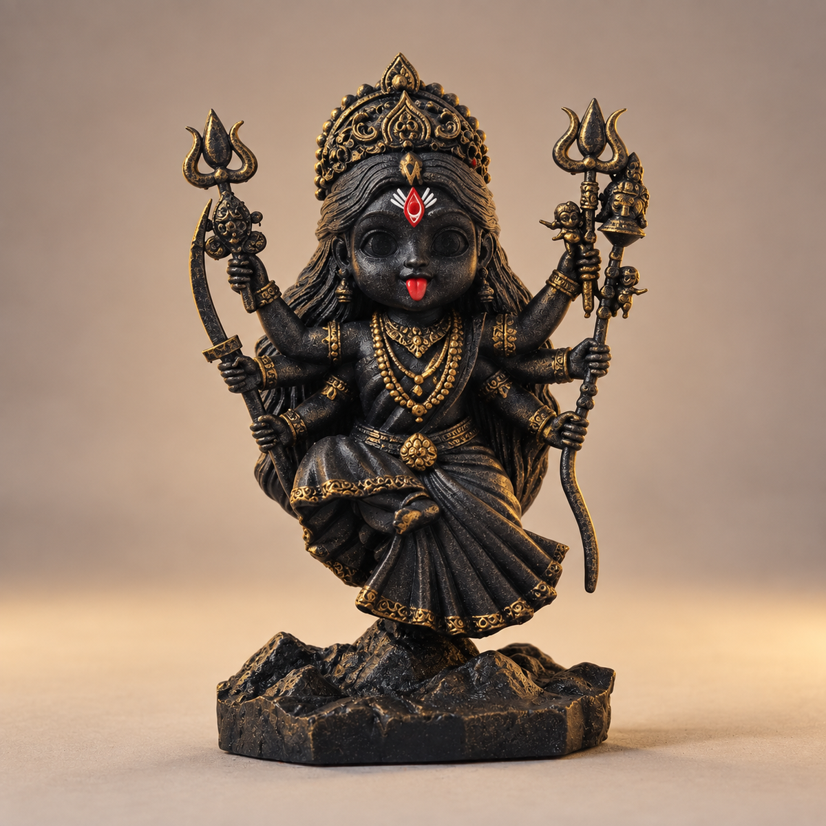 Multi-armed Kali with crown and traditional weapons in Divya Black with gold-toned details