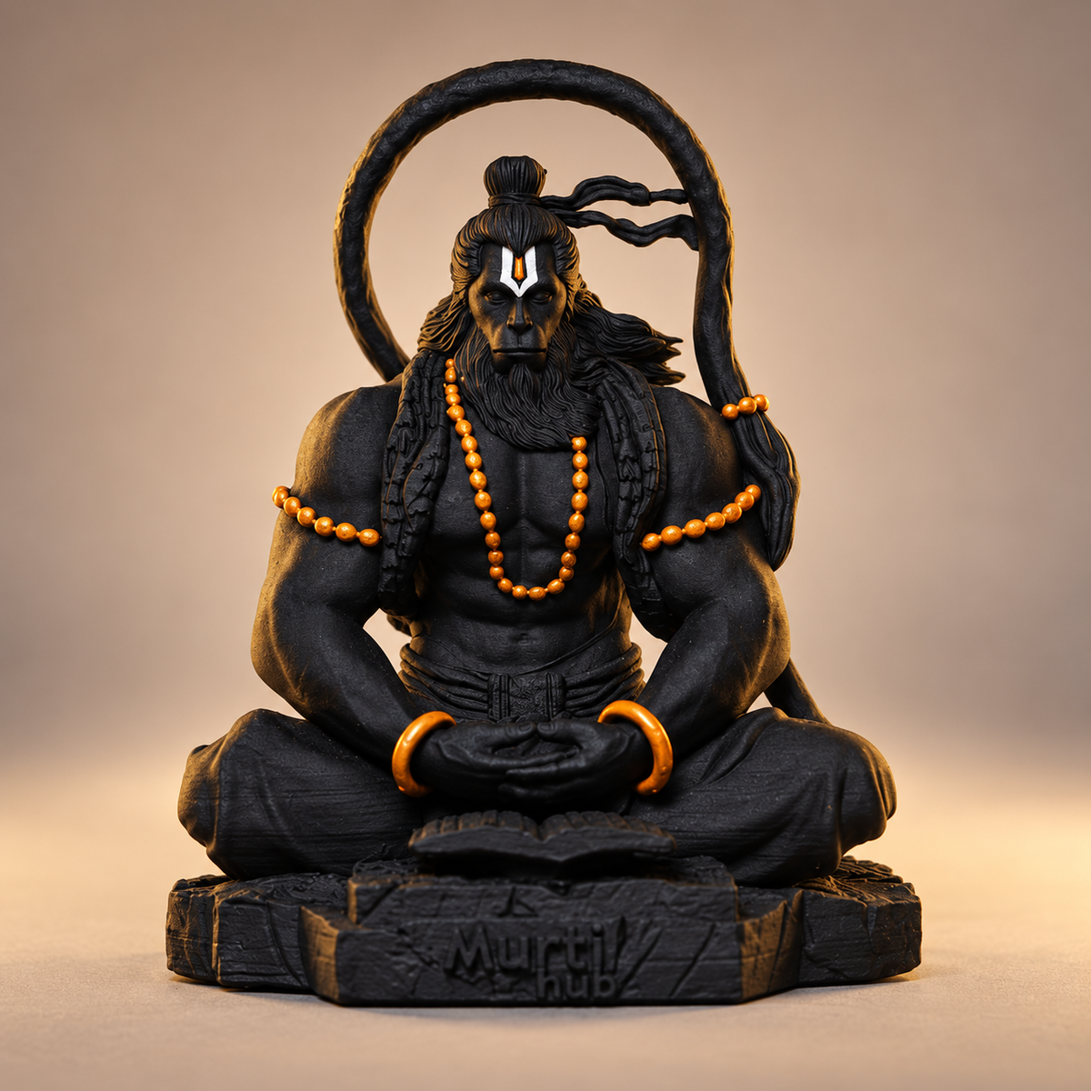 Meditating Pawansut Hanuman with circular tail in Divya Black with gold-toned details