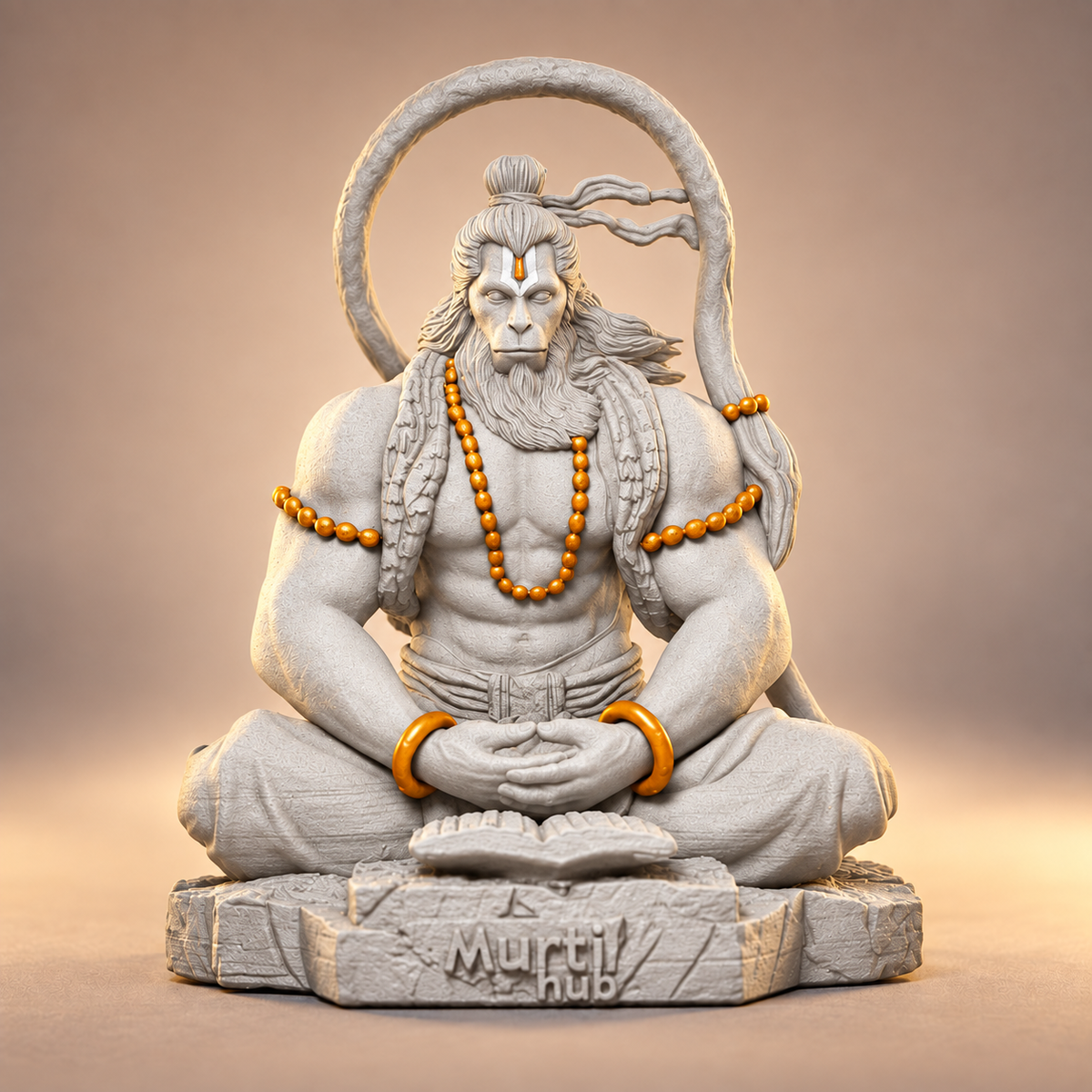 Meditating Pawansut Hanuman with circular tail in Temple White with gold-toned details