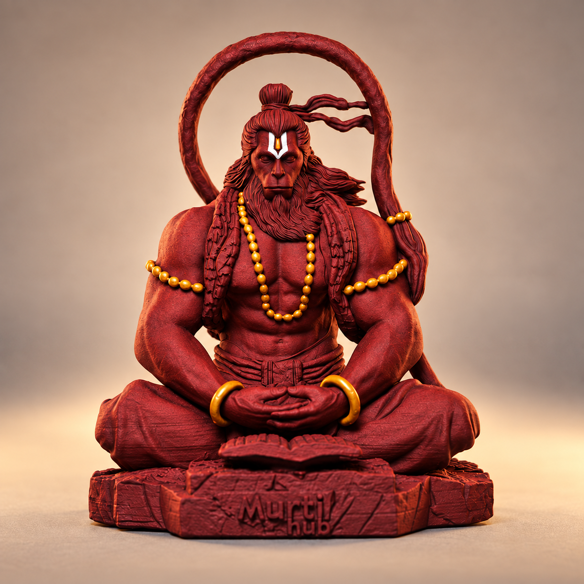 Meditating Pawansut Hanuman with circular tail in Shakti Red with gold-toned details