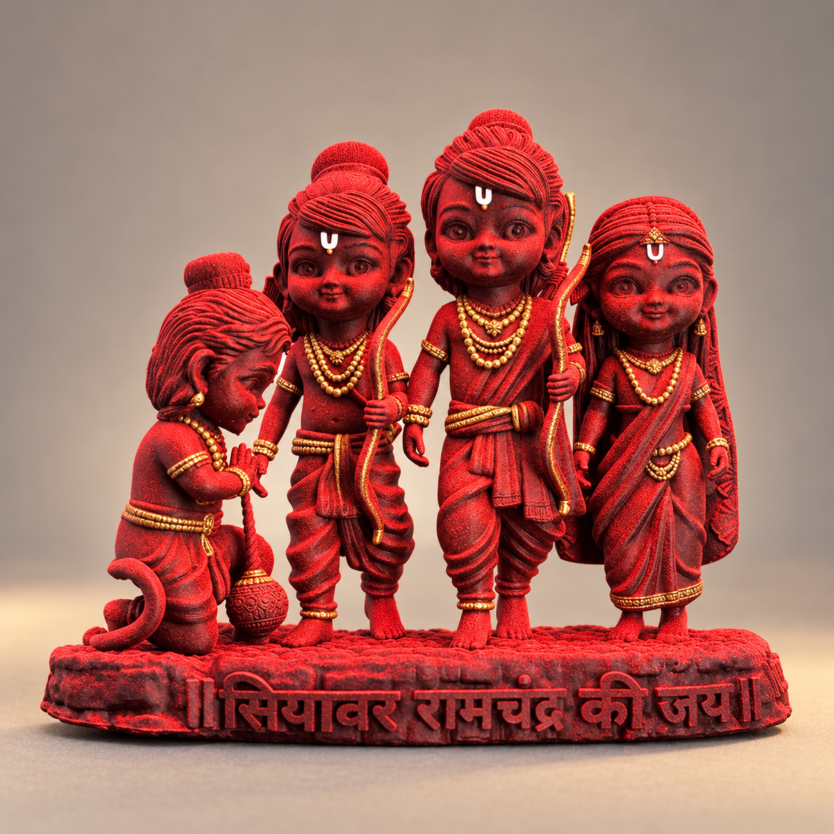 Ram Darbar group with Rama Sita Lakshman and Hanuman in Shakti Red with gold-toned details
