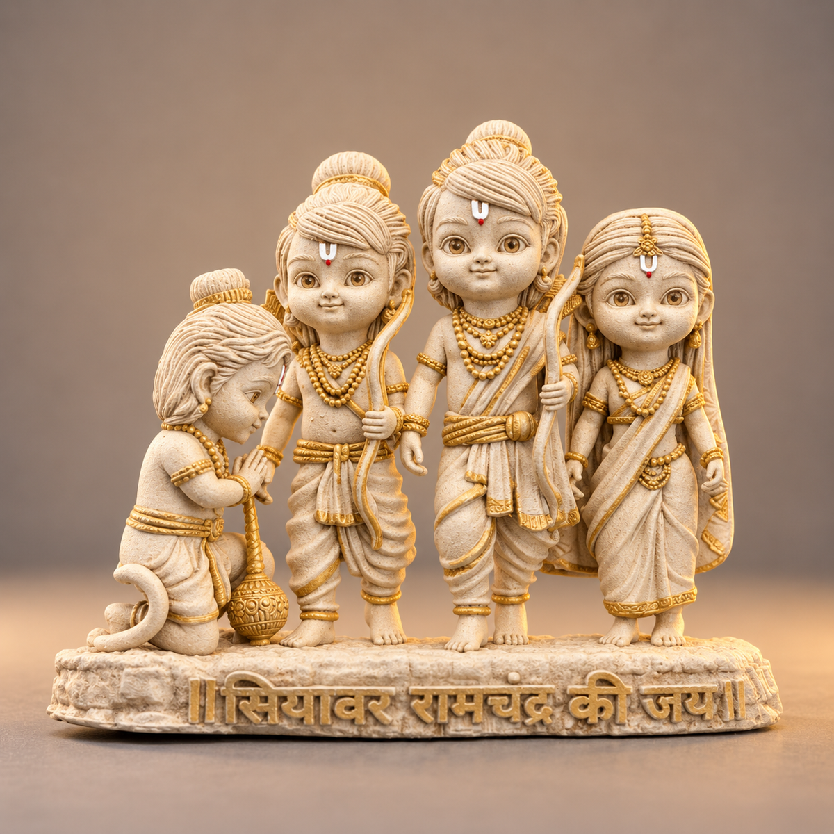 Ram Darbar group with Rama Sita Lakshman and Hanuman in Temple White with gold-toned details