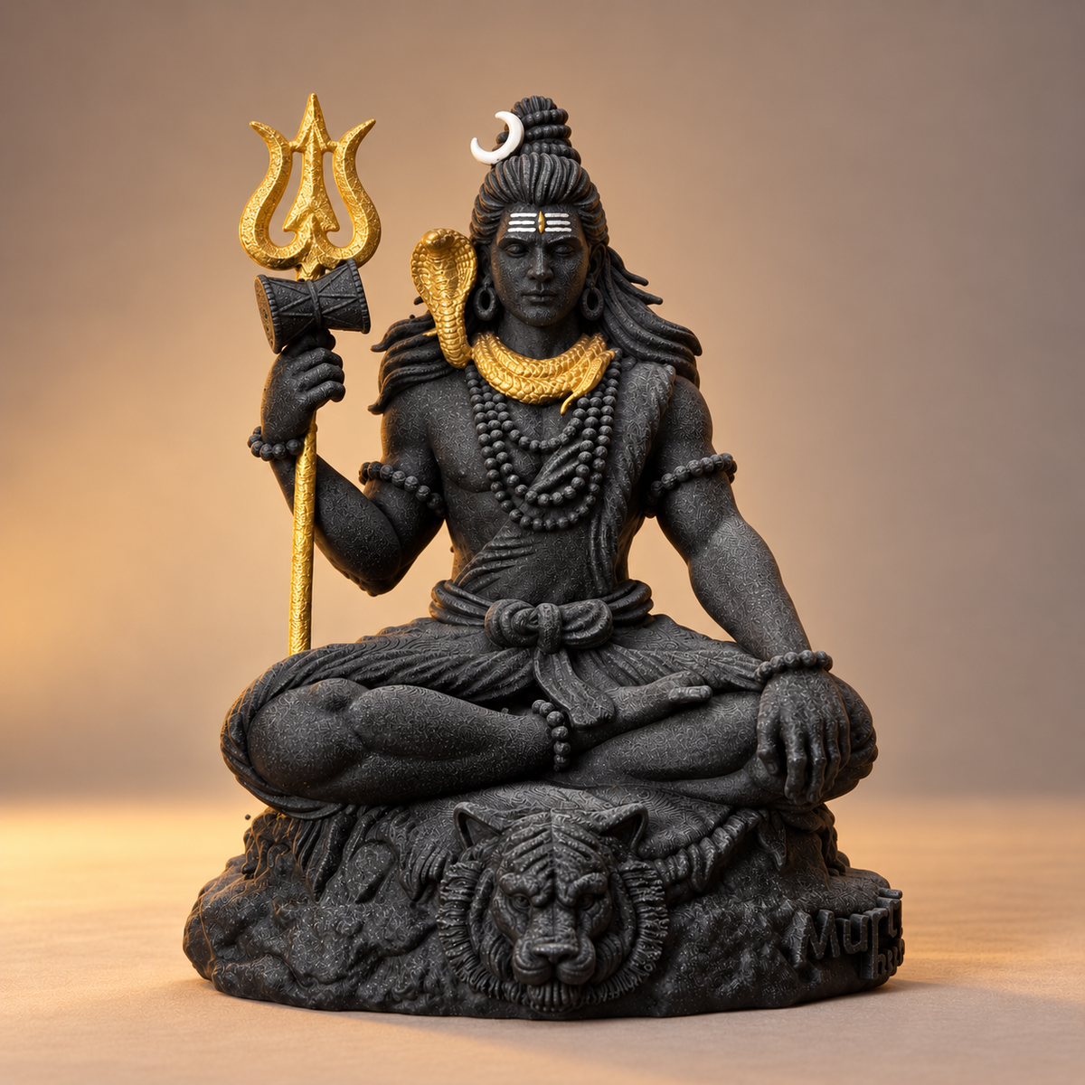 Seated meditating Bholenath with trishul in Divya Black with gold-toned details