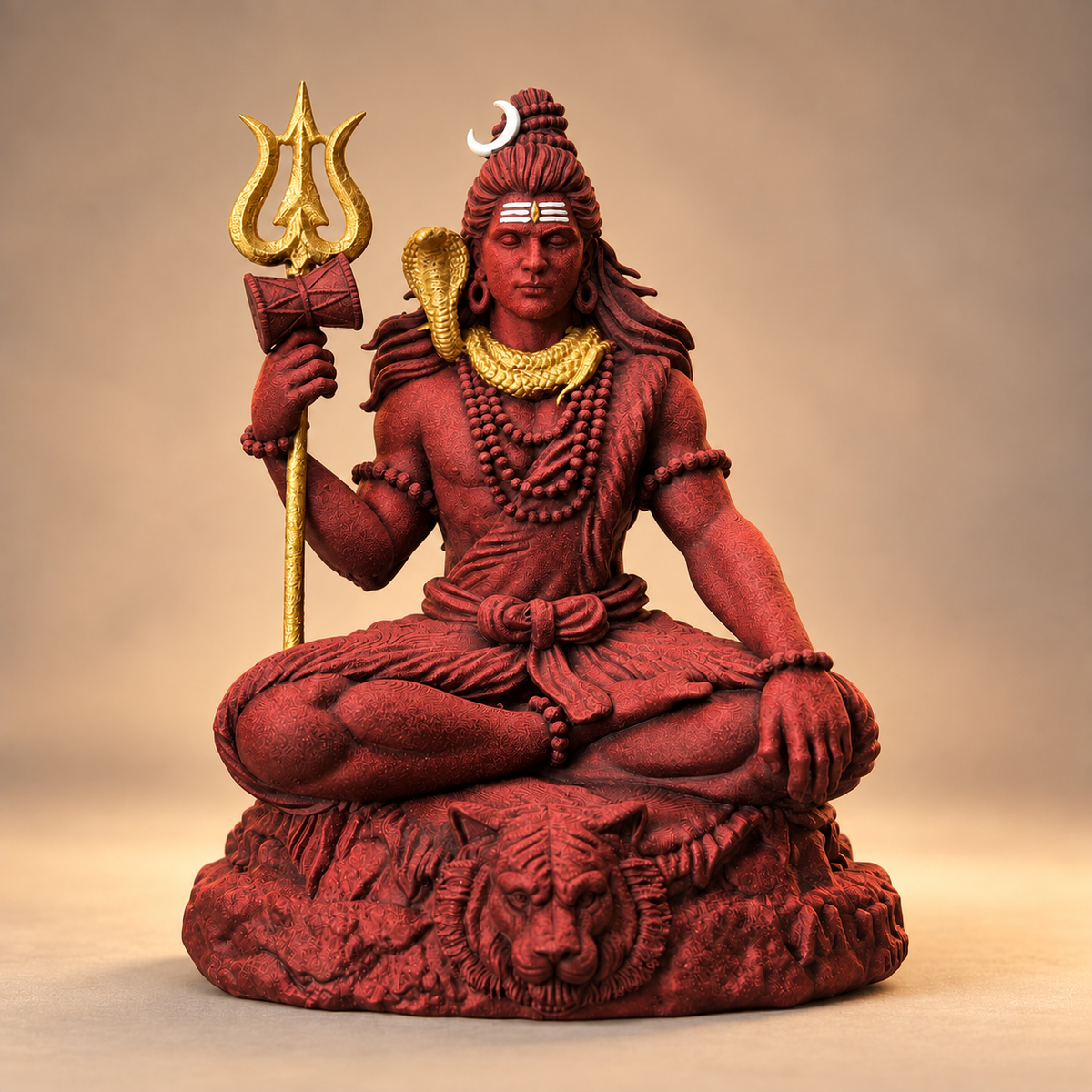 Seated meditating Bholenath with trishul in Shakti Red with gold-toned details