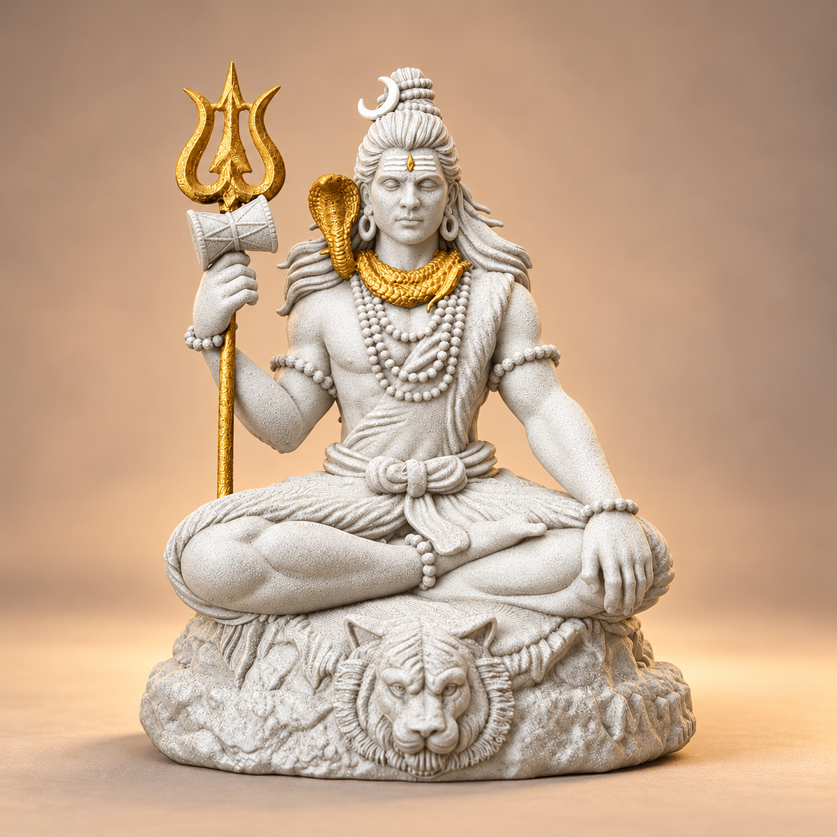 Seated meditating Bholenath with trishul in Temple White with gold-toned details