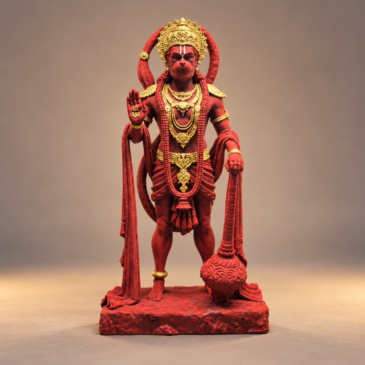 Standing Hanuman with gada and blessing hand in Shakti Red with gold-toned details