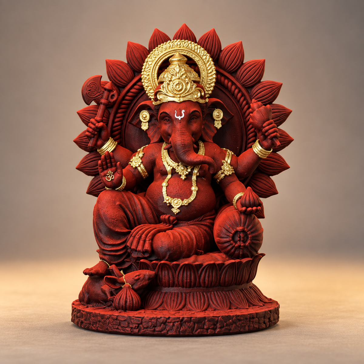 Seated Ganesha on ornate lotus throne in Shakti Red with gold-toned details