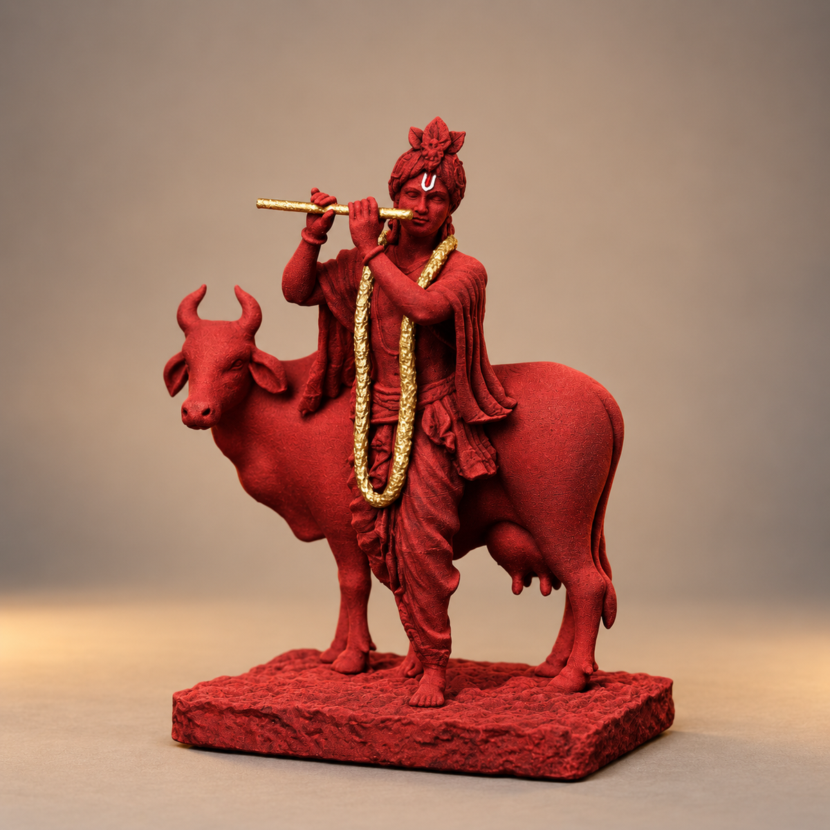 Flute-playing Krishna with cow in Shakti Red with gold-toned details
