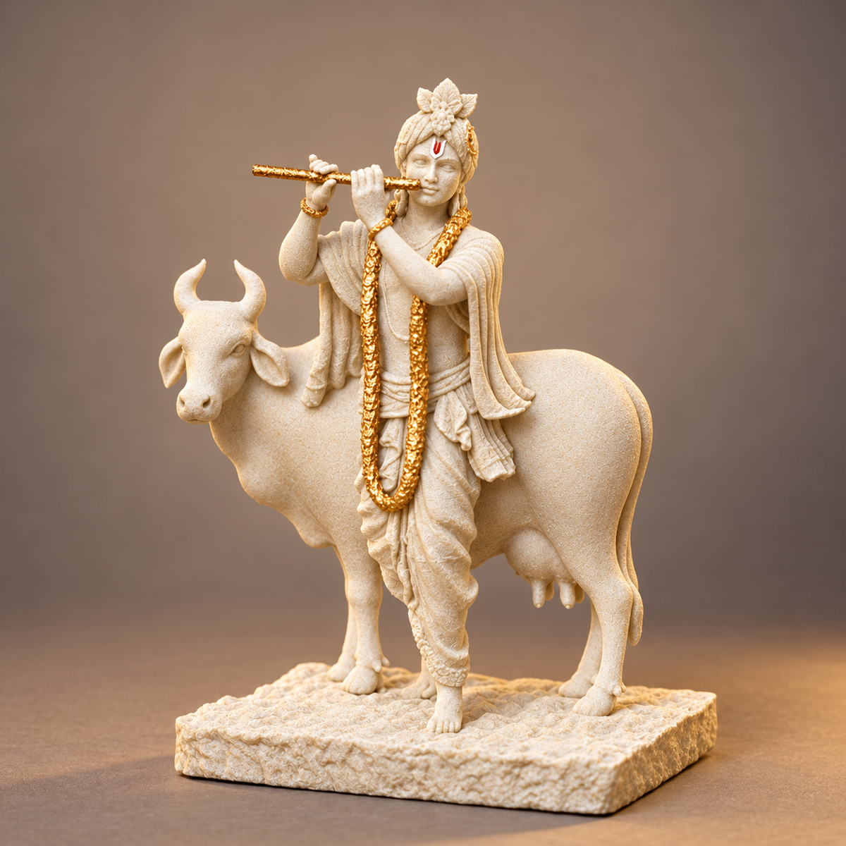 Flute-playing Krishna with cow in Temple White with gold-toned details