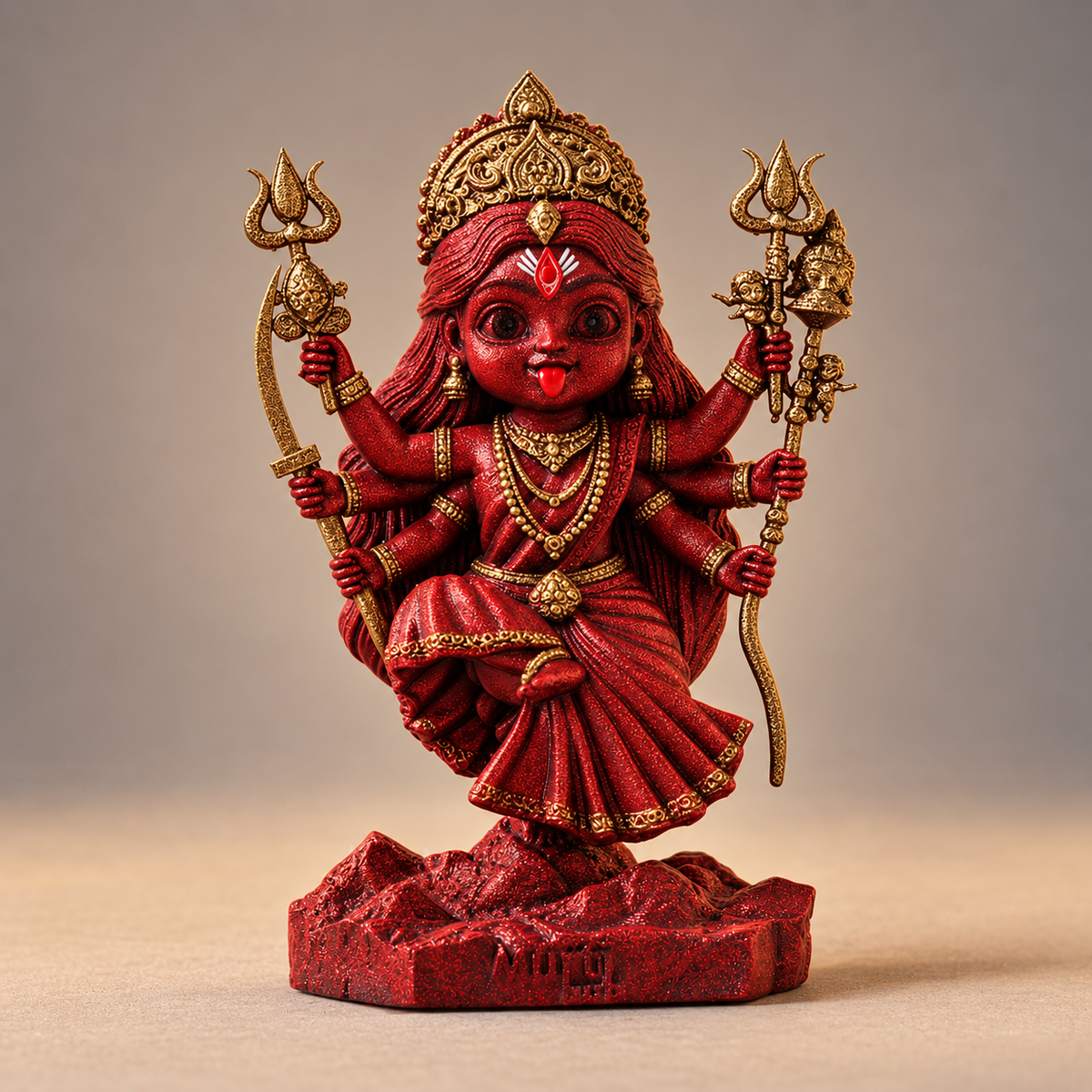 Multi-armed Kali with crown and traditional weapons in Shakti Red with gold-toned details