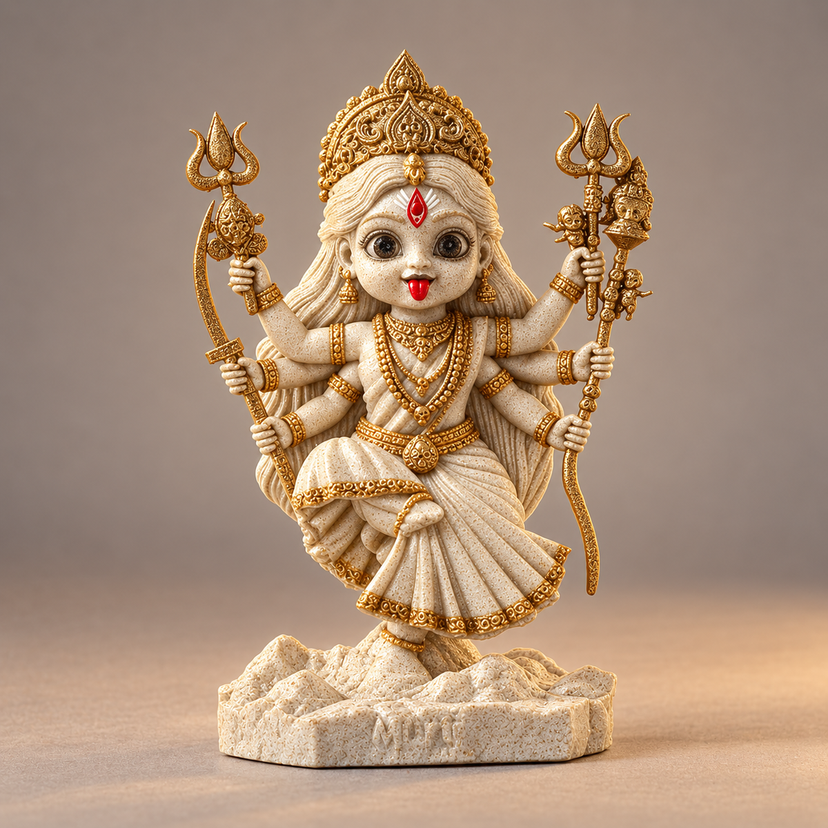 Multi-armed Kali with crown and traditional weapons in Temple White with gold-toned details