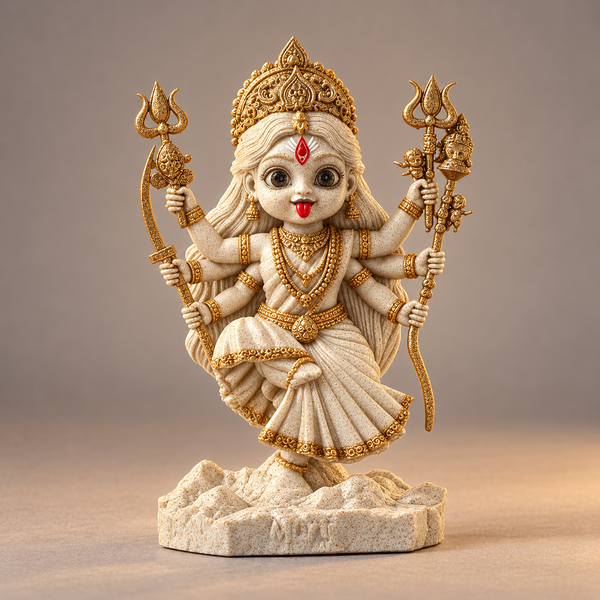 Multi-armed Kali with crown and traditional weapons in Temple White with gold-toned details