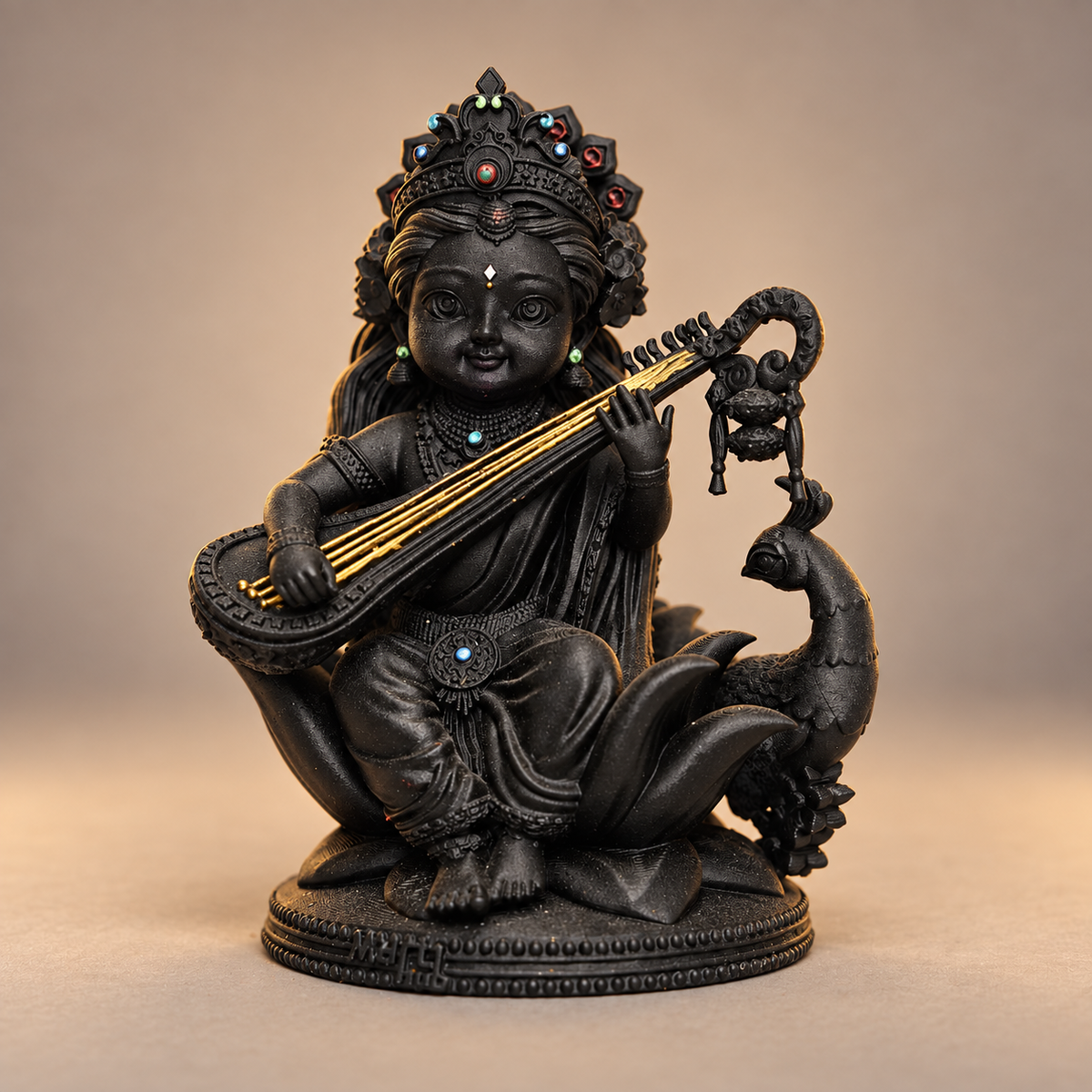 Seated Saraswati with veena and peacock in Divya Black with gold-toned details