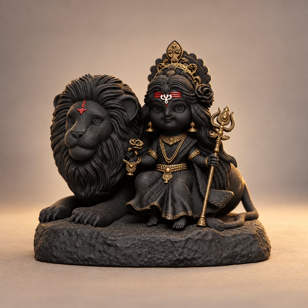 Seated Durga with lion and trishul in Divya Black with gold-toned details