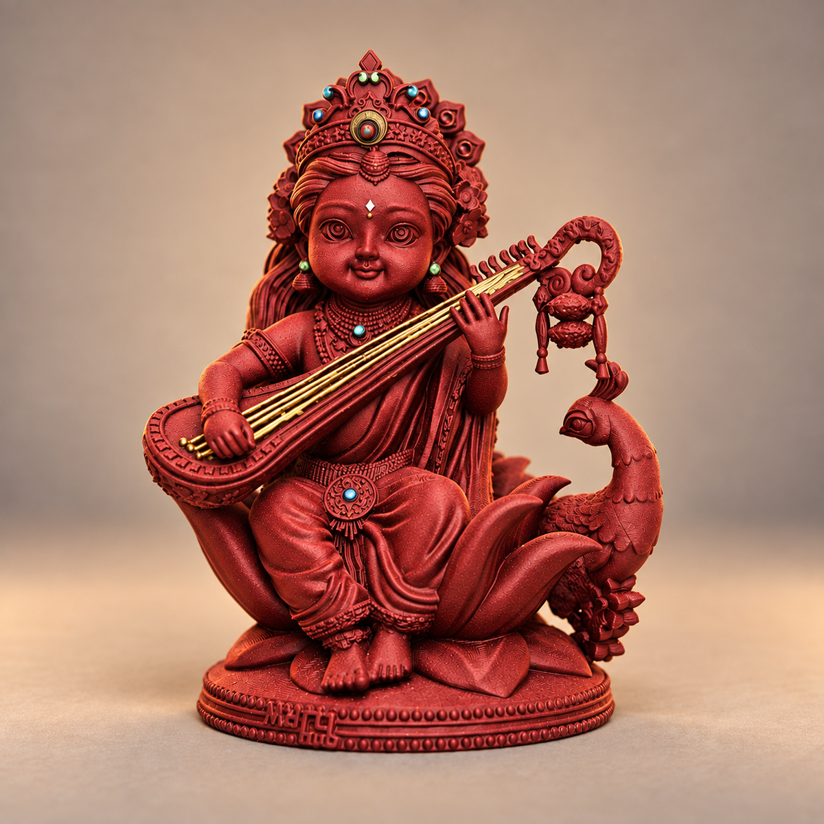 Seated Saraswati with veena and peacock in Shakti Red with gold-toned details