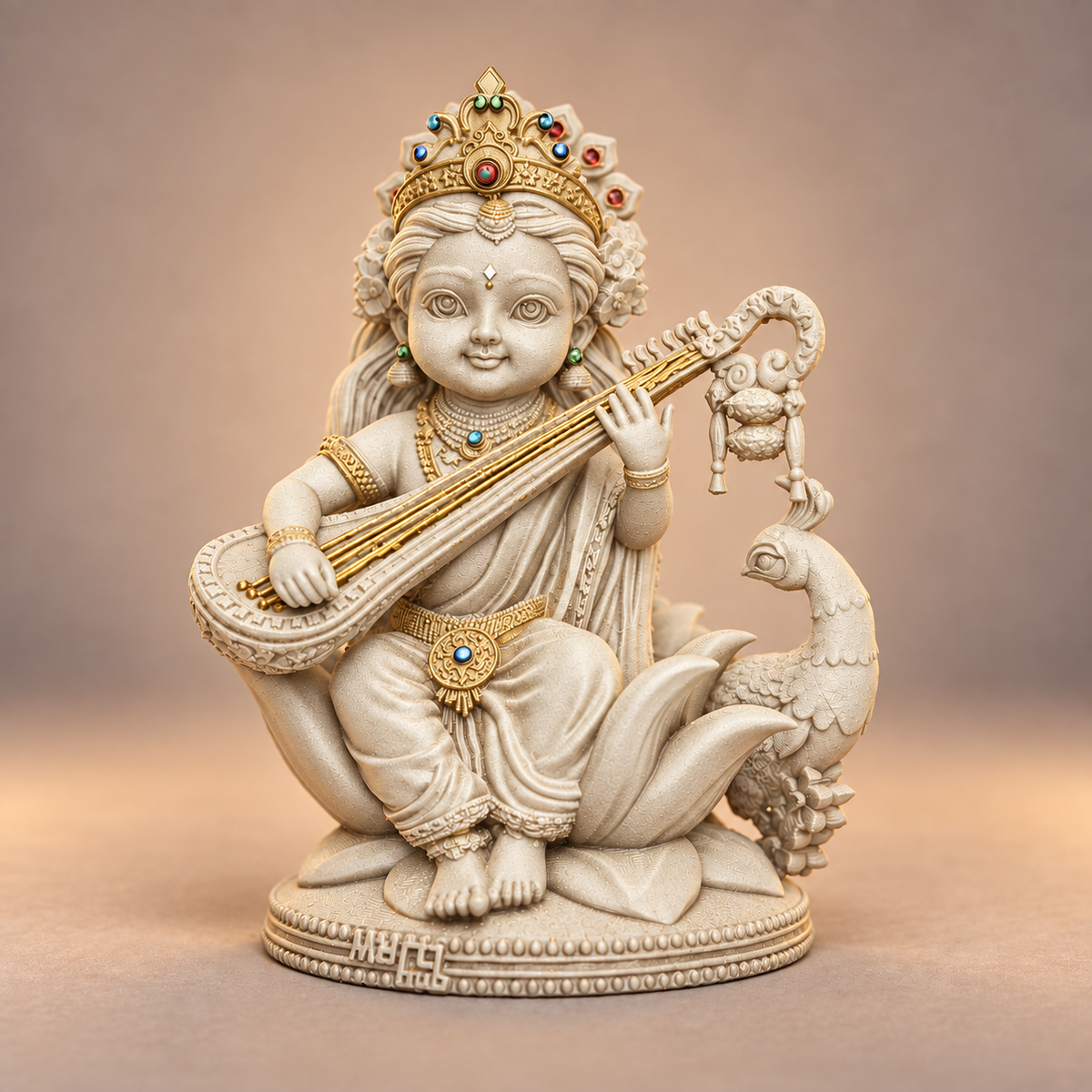 Seated Saraswati with veena and peacock in Temple White with gold-toned details