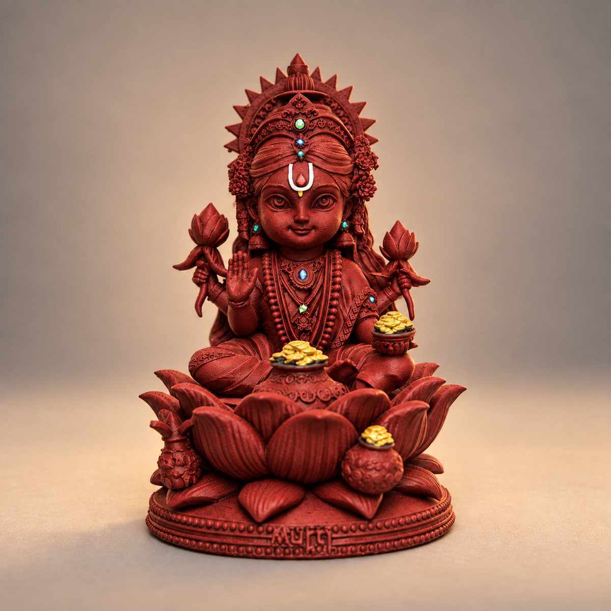 Seated Bal Lakshmi on lotus with lotuses and gold-toned coins in Shakti Red