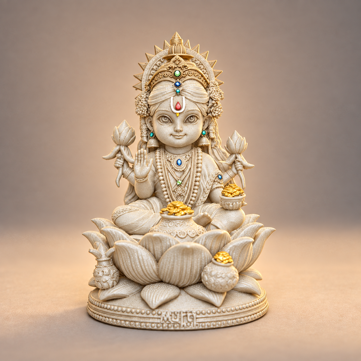 Seated Bal Lakshmi on lotus with lotuses and gold-toned coins in Temple White