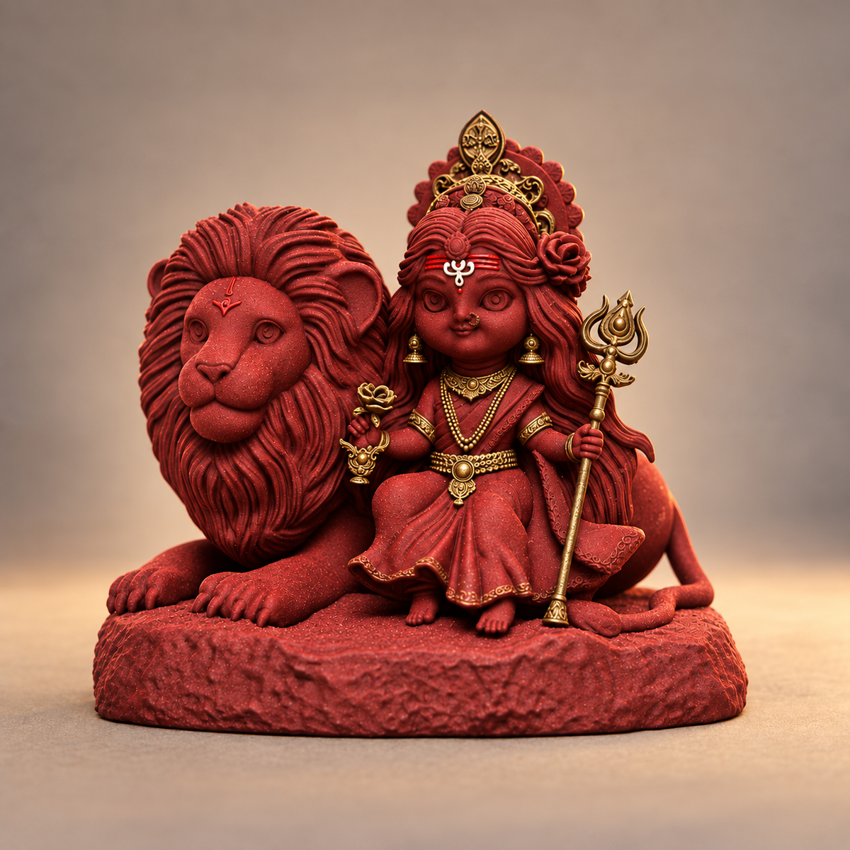 Seated Durga with lion and trishul in Shakti Red with gold-toned details