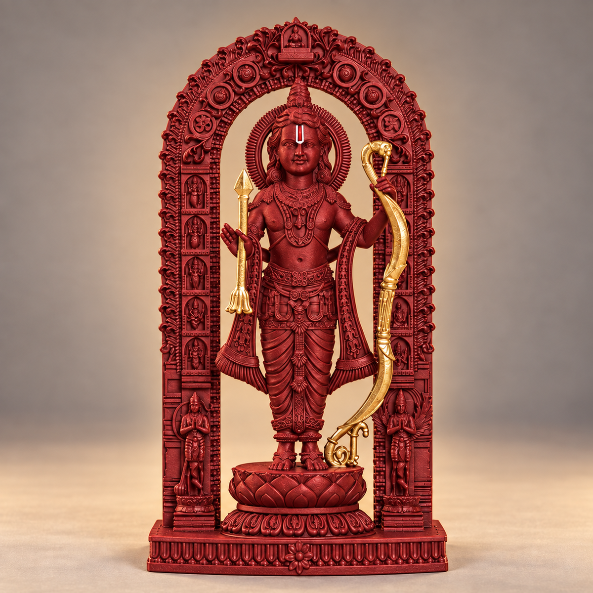 Standing Rama with bow and decorative arch in Shakti Red with gold-toned details