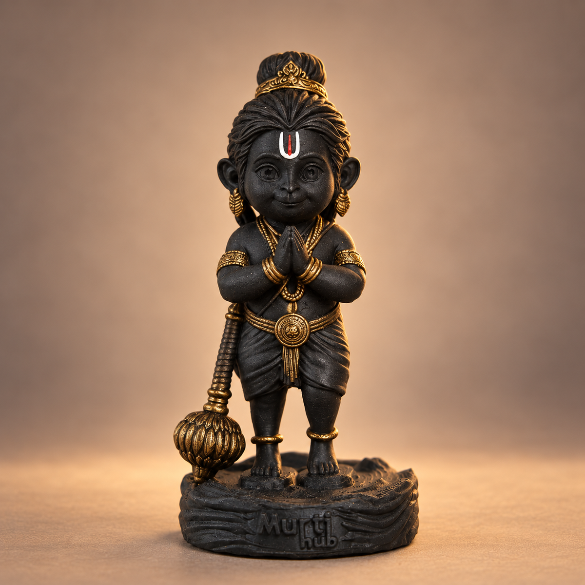 Standing Bal Hanuman with folded hands and gada in Divya Black with gold-toned details