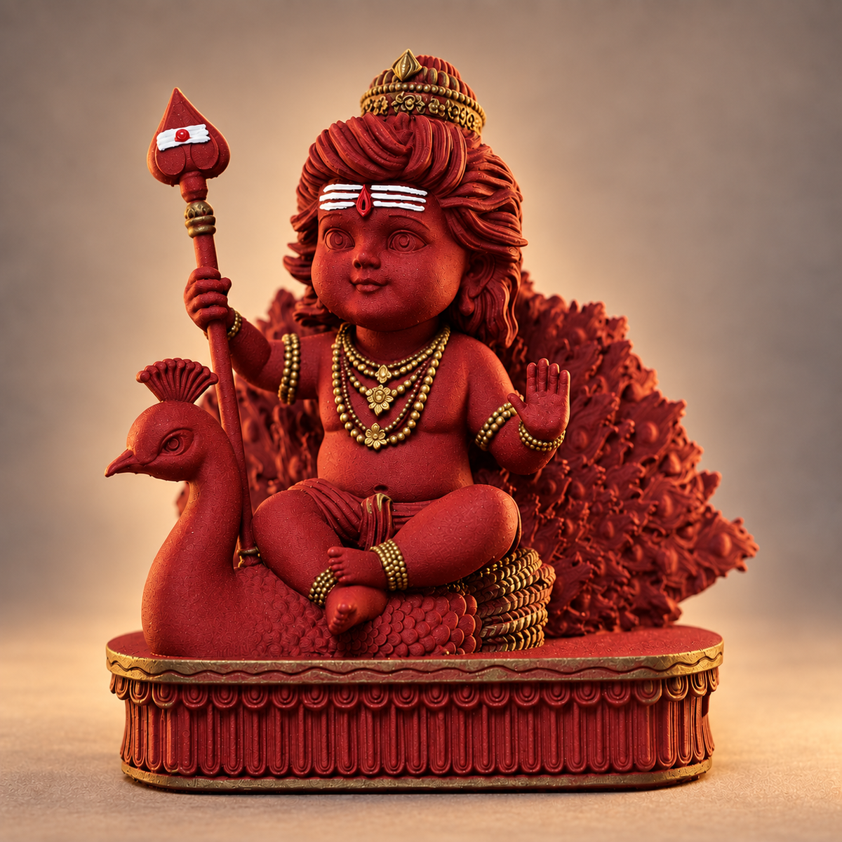 Seated Bal Murugan with peacock and Vel in Shakti Red with gold-toned details