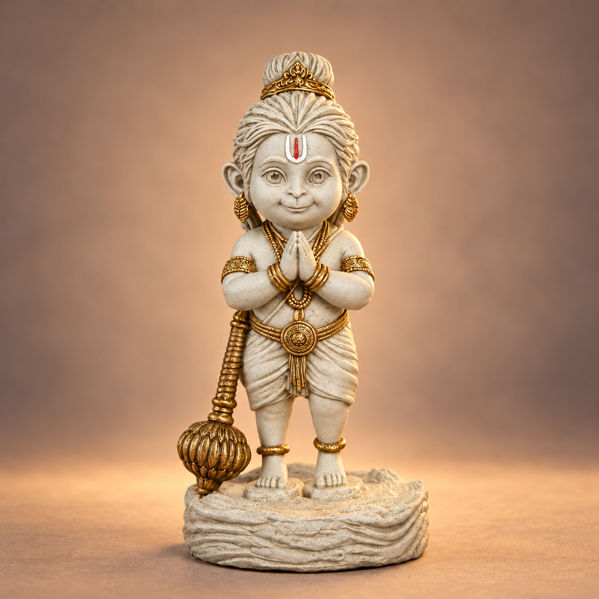 Standing Bal Hanuman with folded hands and gada in Temple White with gold-toned details
