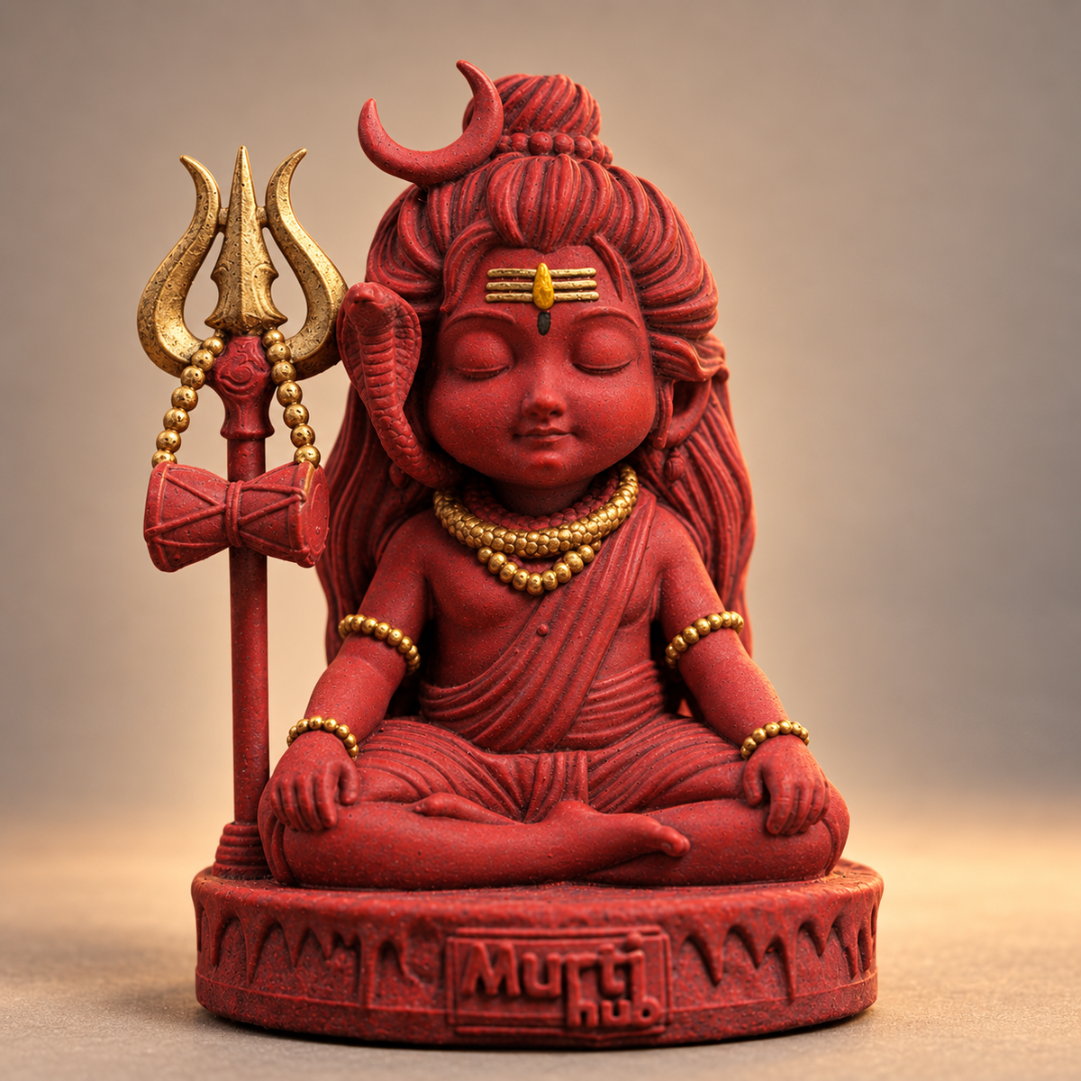 Baal Shiva meditating with trishul and damru in Shakti Red with gold-toned details, 9 cm
