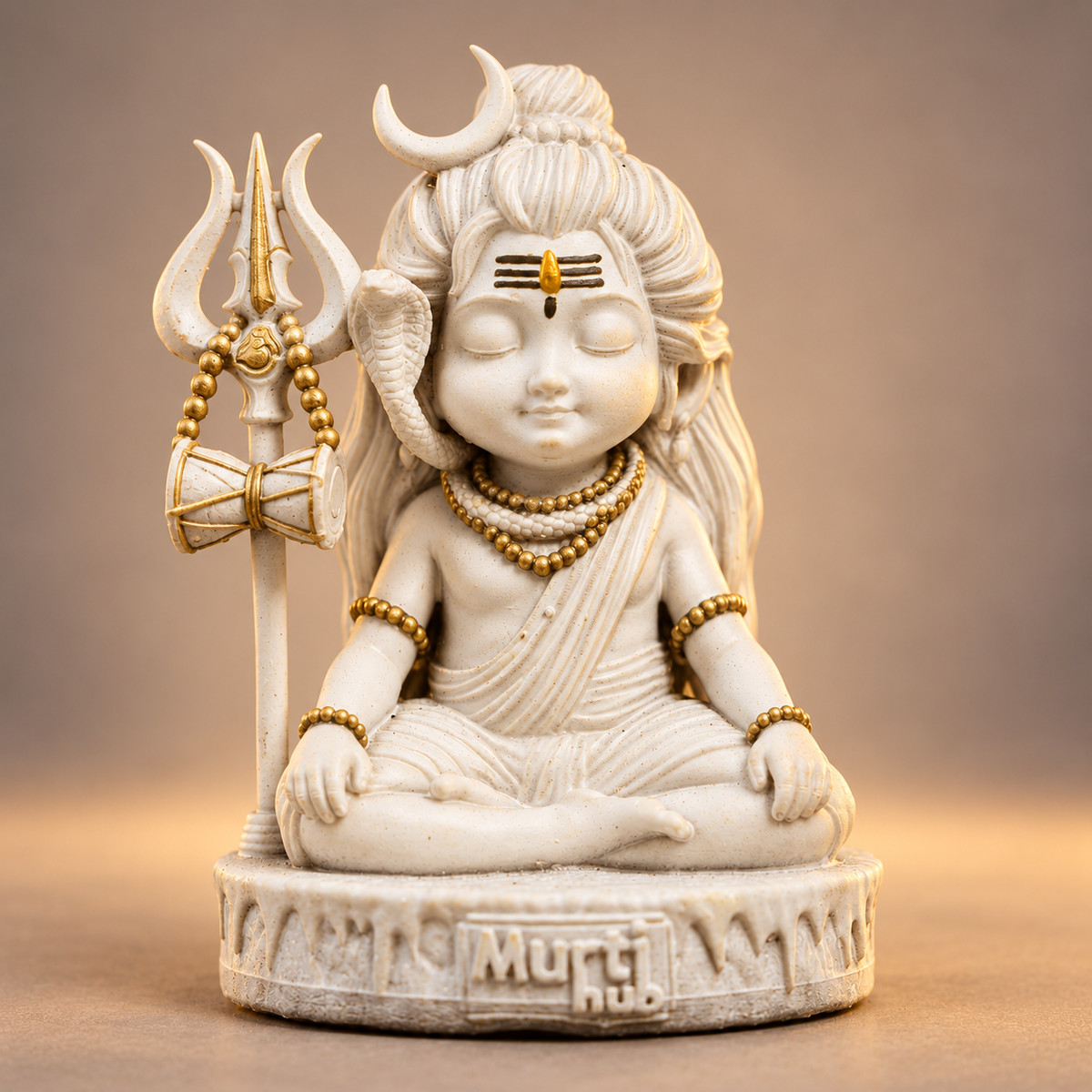 Baal Shiva meditating with trishul and damru in Temple White with gold-toned details, 9 cm
