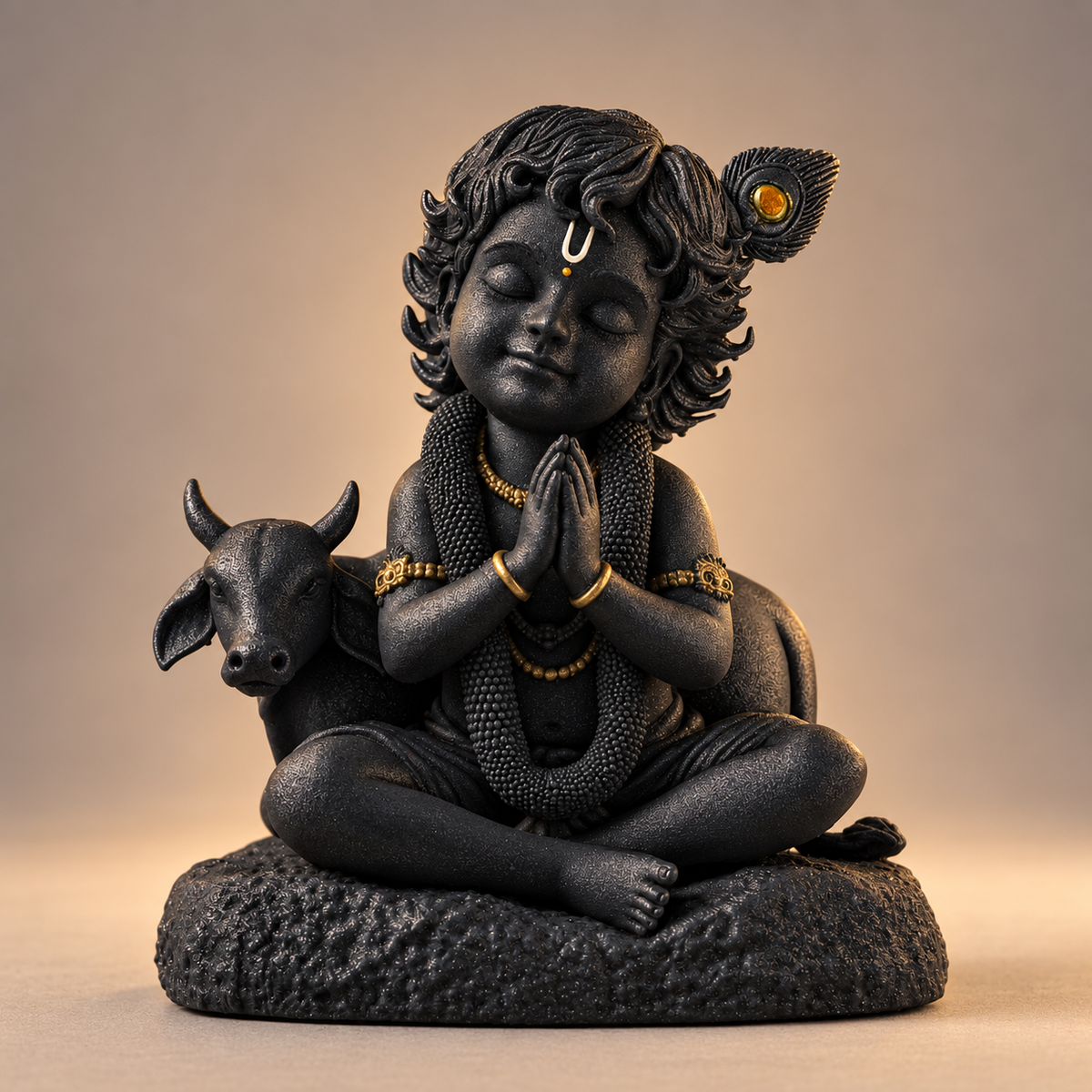 Seated Bal Krishna with cow and folded hands in Divya Black with gold-toned details