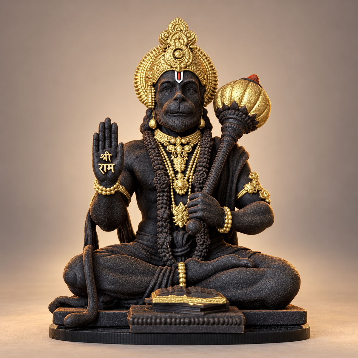 Seated blessing Hanuman holding gada in Divya Black with gold-toned details