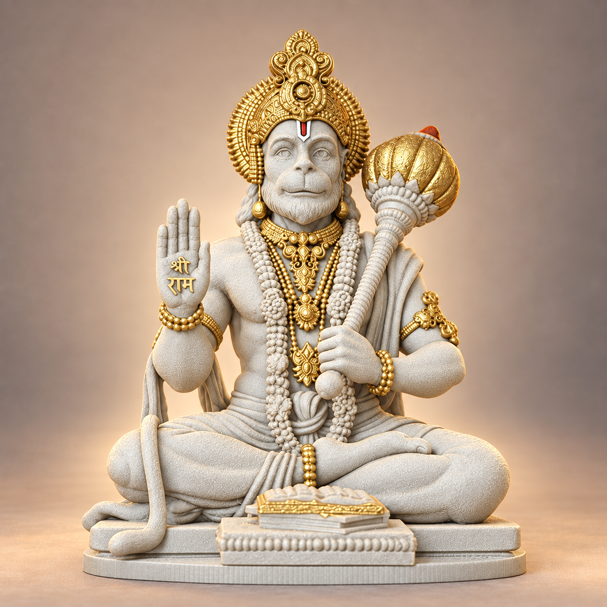 Seated blessing Hanuman holding gada in Temple White with gold-toned details