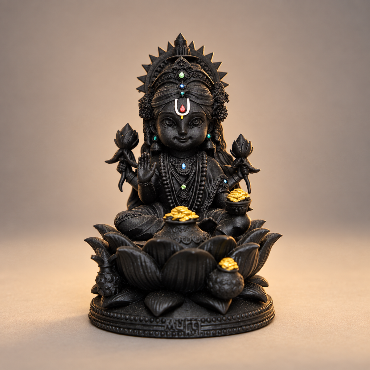 Seated Bal Lakshmi on lotus with lotuses and gold-toned coins in Divya Black
