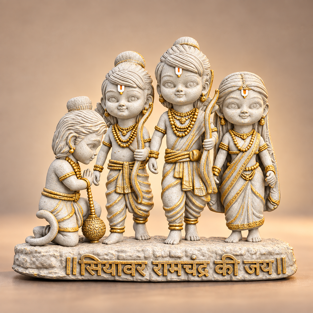 Ram Darbar group with Rama Sita Lakshman and Hanuman in Temple White with gold-toned details