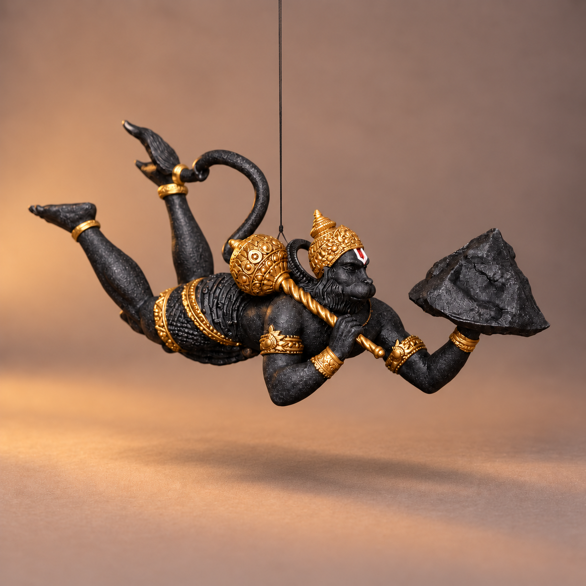 Flying Hanuman carrying Sanjivani mountain in Divya Black with gold-toned details