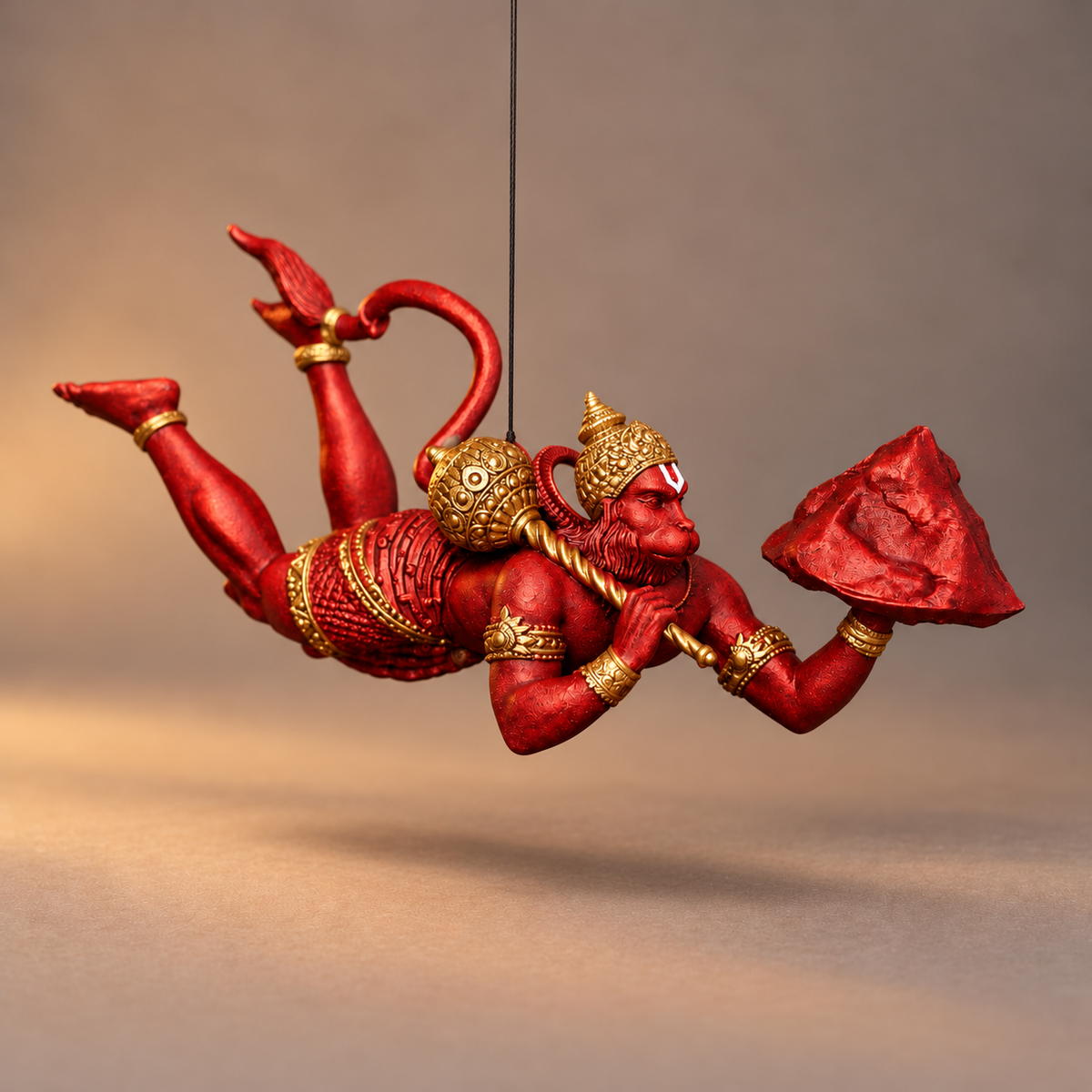 Flying Hanuman carrying Sanjivani mountain in Shakti Red with gold-toned details