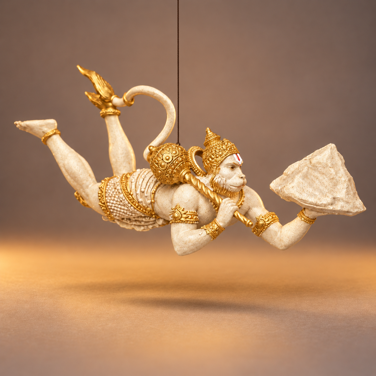 Flying Hanuman carrying Sanjivani mountain in Temple White with gold-toned details